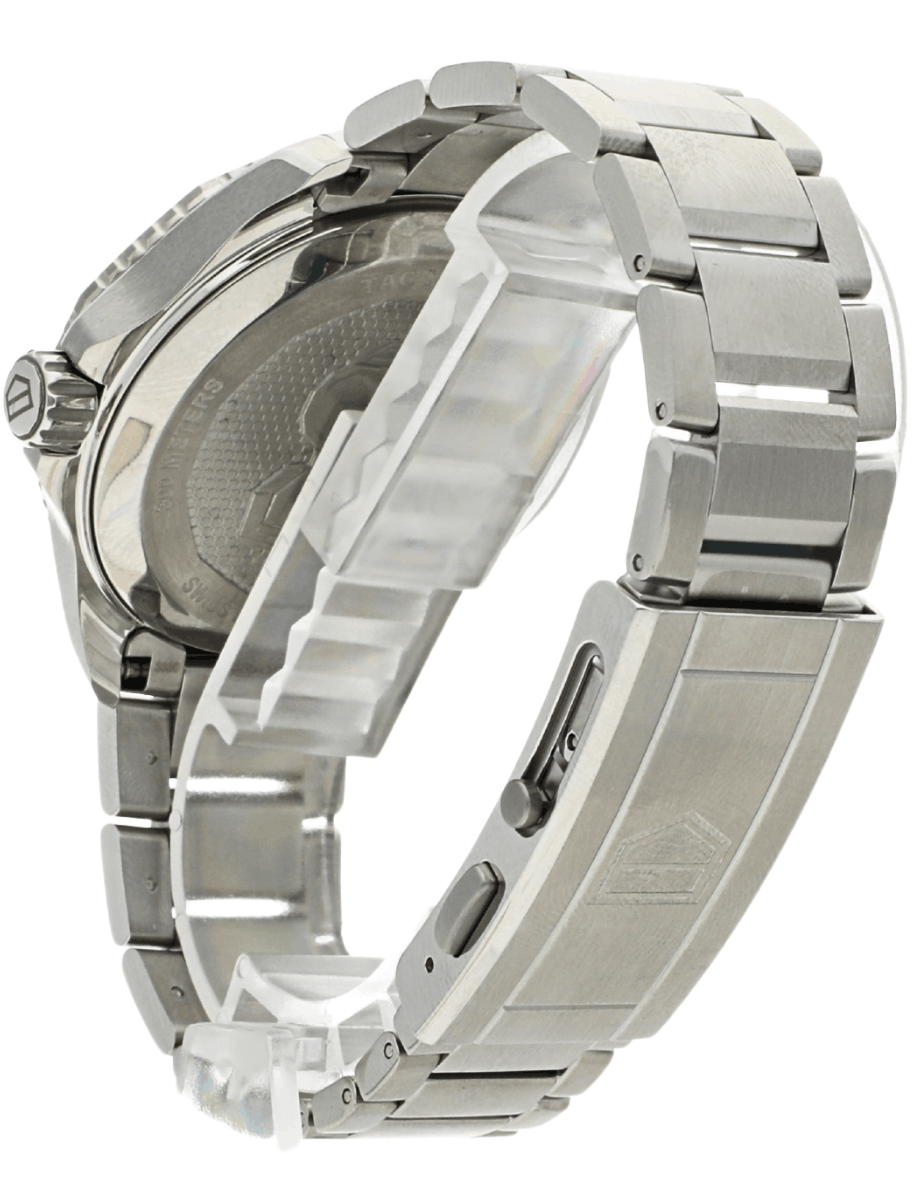 Back left view of Pre-Owned wristwatch with stainless steel case and bracelet, and blue dial.