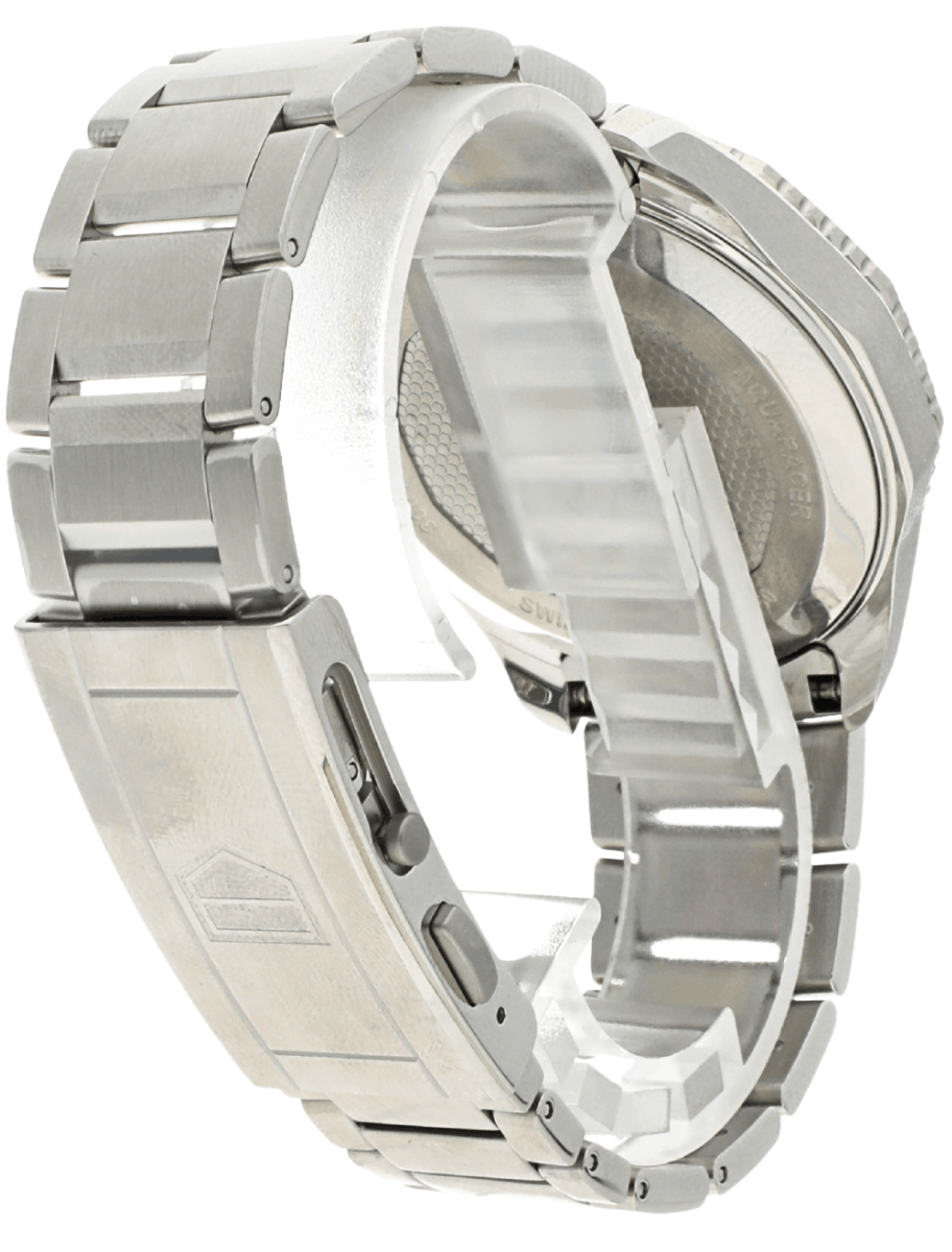 Back right view of Pre-Owned wristwatch with stainless steel case and bracelet, and blue dial.