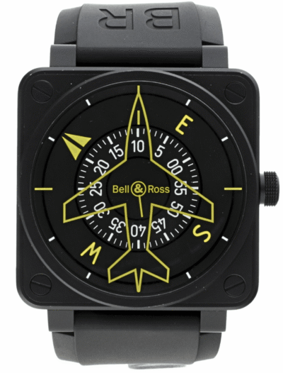 Pre-owned Bell&Ross wristwatch with PVD coated stainless steel case, black dial, and black rubber strap.
