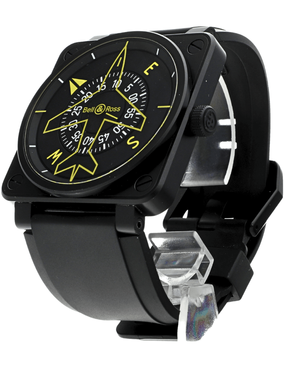 Left side view of pre-owned Bell&Ross wristwatch with PVD coated stainless steel case, black dial, and black rubber strap.