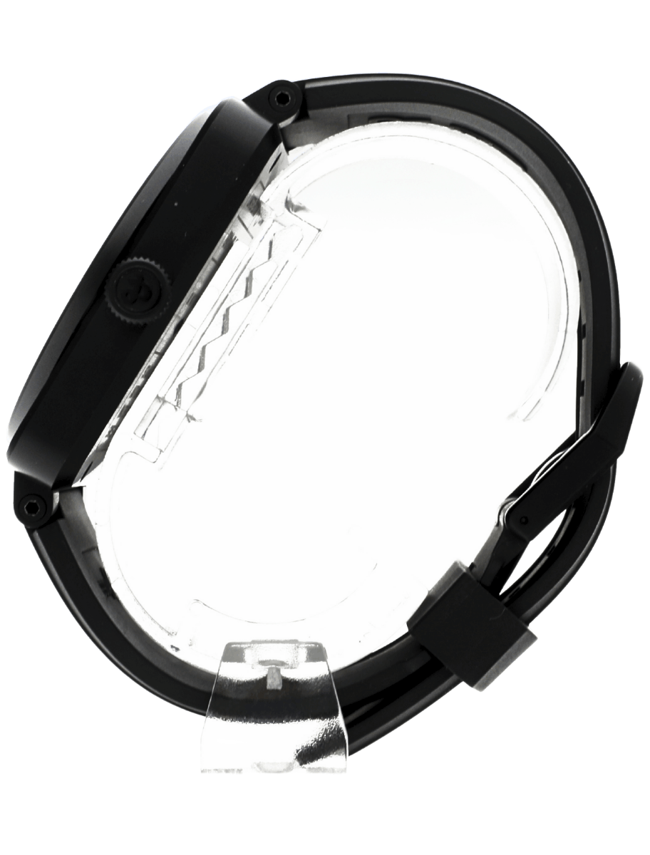 Left side view of pre-owned Bell&Ross wristwatch with PVD coated stainless steel case, black dial, and black rubber strap.