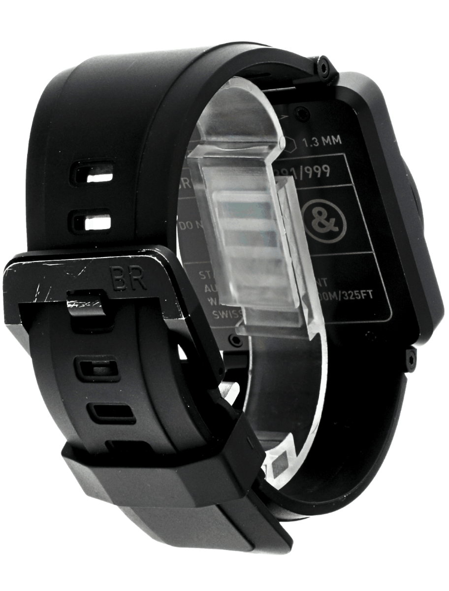 Back right side view of pre-owned Bell&Ross wristwatch with PVD coated stainless steel case, black dial, and black rubber strap.