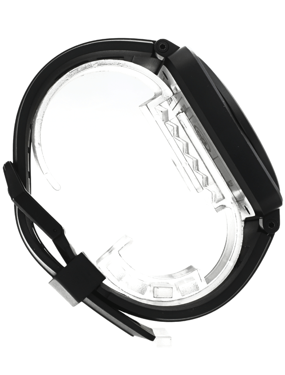 Right side view of pre-owned Bell&Ross wristwatch with PVD coated stainless steel case, black dial, and black rubber strap.