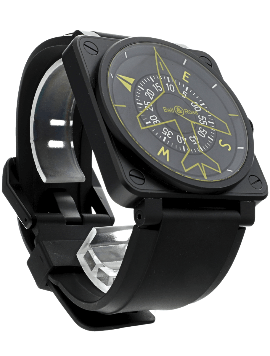 Front right side view of pre-owned Bell&Ross wristwatch with PVD coated stainless steel case, black dial, and black rubber strap.