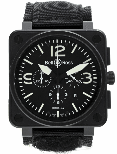 Pre-owned Bell&Ross wristwatch with PVD coated stainless steel case, black dial, and black fabric strap.