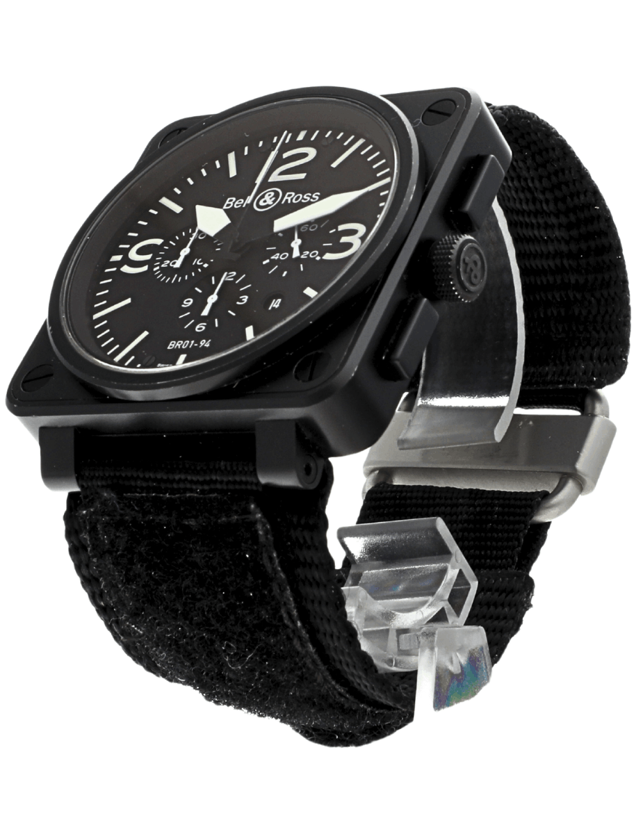Front left side view of pre-owned Bell&Ross wristwatch with PVD coated stainless steel case, black dial, and black fabric strap.