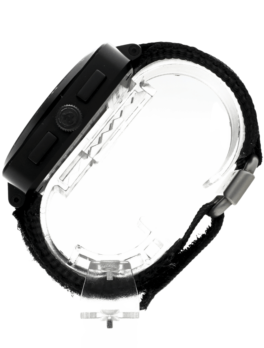 Left side view of pre-owned Bell&Ross wristwatch with PVD coated stainless steel case, black dial, and black fabric strap.