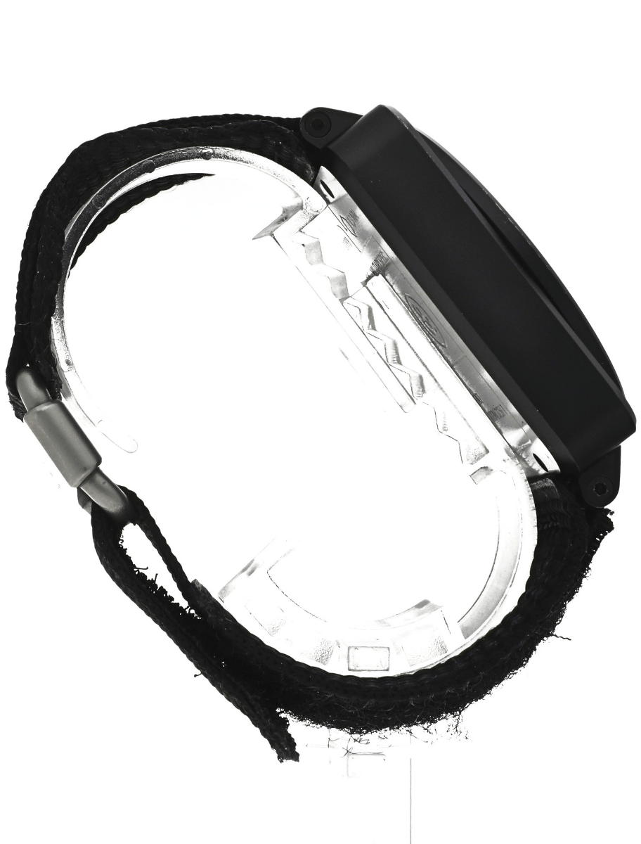 Right side view of pre-owned Bell&Ross wristwatch with PVD coated stainless steel case, black dial, and black fabric strap.