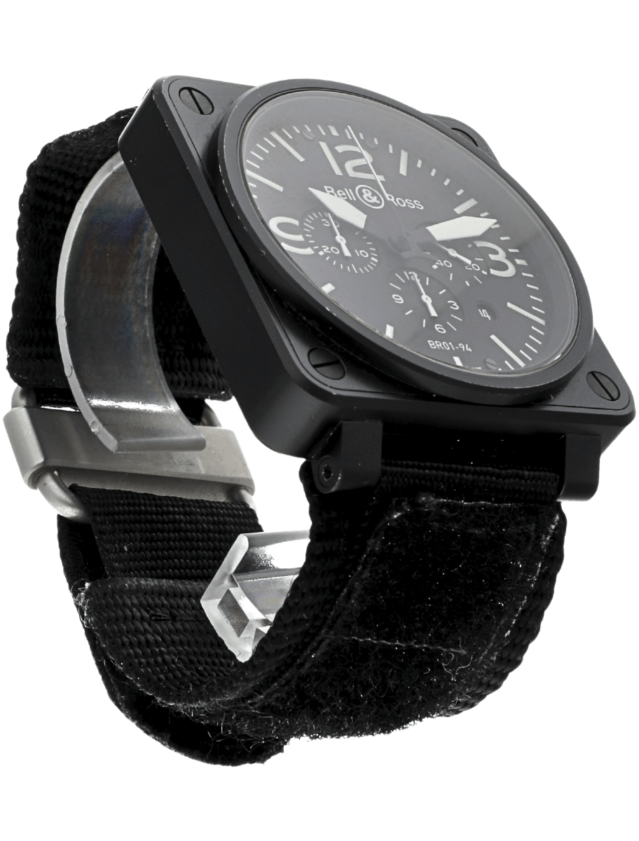 Front right side view of pre-owned Bell&Ross wristwatch with PVD coated stainless steel case, black dial, and black fabric strap.