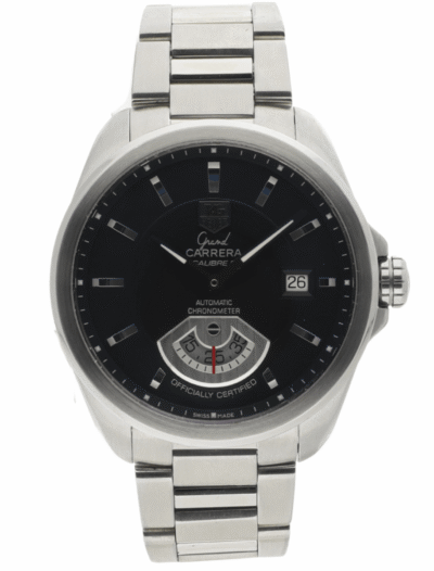 Pre-owned Tag Heuer wristwatch with stainless steel case and bracelet, and black dial.