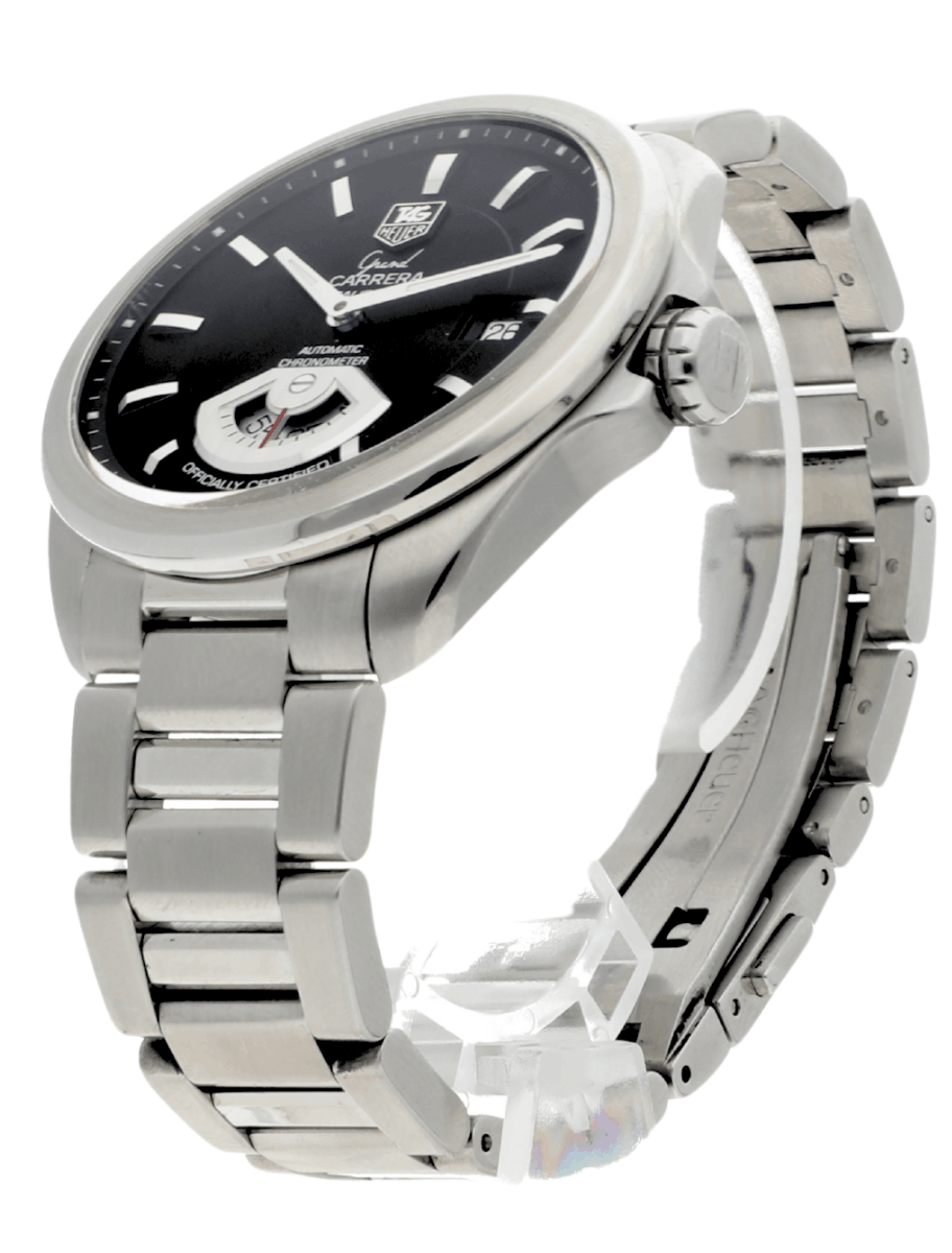 Front left side view of pre-owned Tag Heuer wristwatch with stainless steel case and bracelet, and black dial.