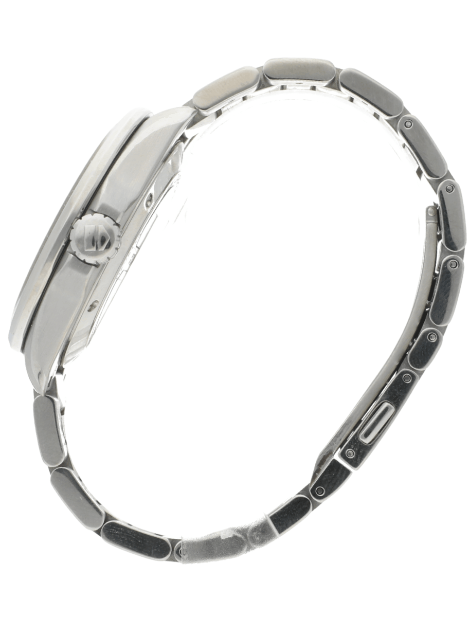 Left side view of pre-owned Tag Heuer wristwatch with stainless steel case and bracelet, and black dial.
