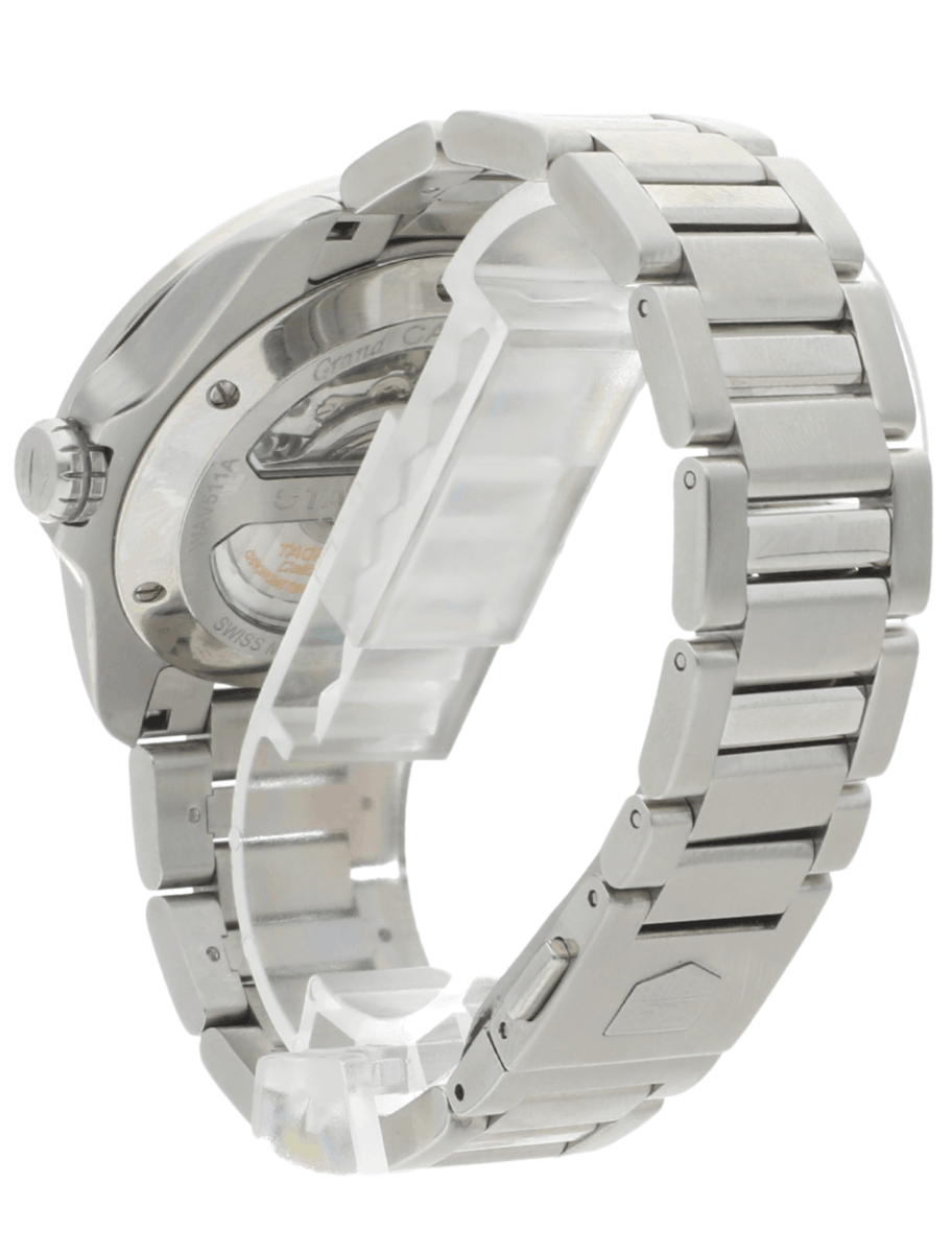 Left back view of pre-owned Tag Heuer wristwatch with stainless steel case and bracelet, and black dial.