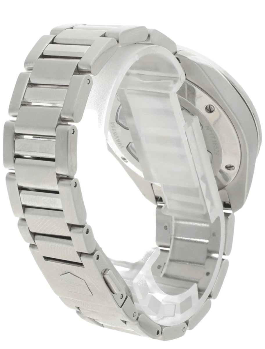 Right back view of pre-owned Tag Heuer wristwatch with stainless steel case and bracelet, and black dial.
