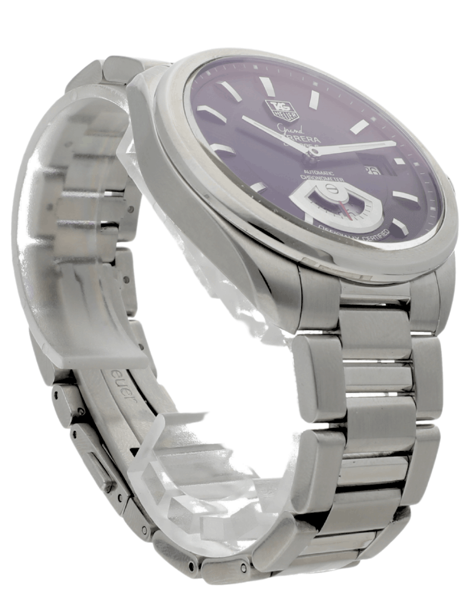 Front right view of pre-owned Tag Heuer wristwatch with stainless steel case and bracelet, and black dial.