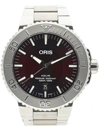 Pre-owned Oris wristwatch with stainless steel case and bracelet, and cherry red dial.