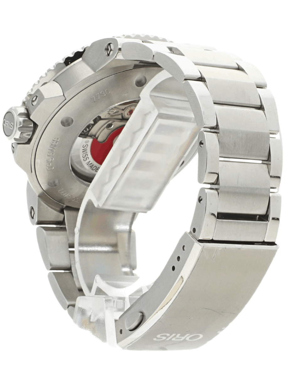 Back left side view of Pre-owned Oris wristwatch with stainless steel case and bracelet, and cherry red dial.