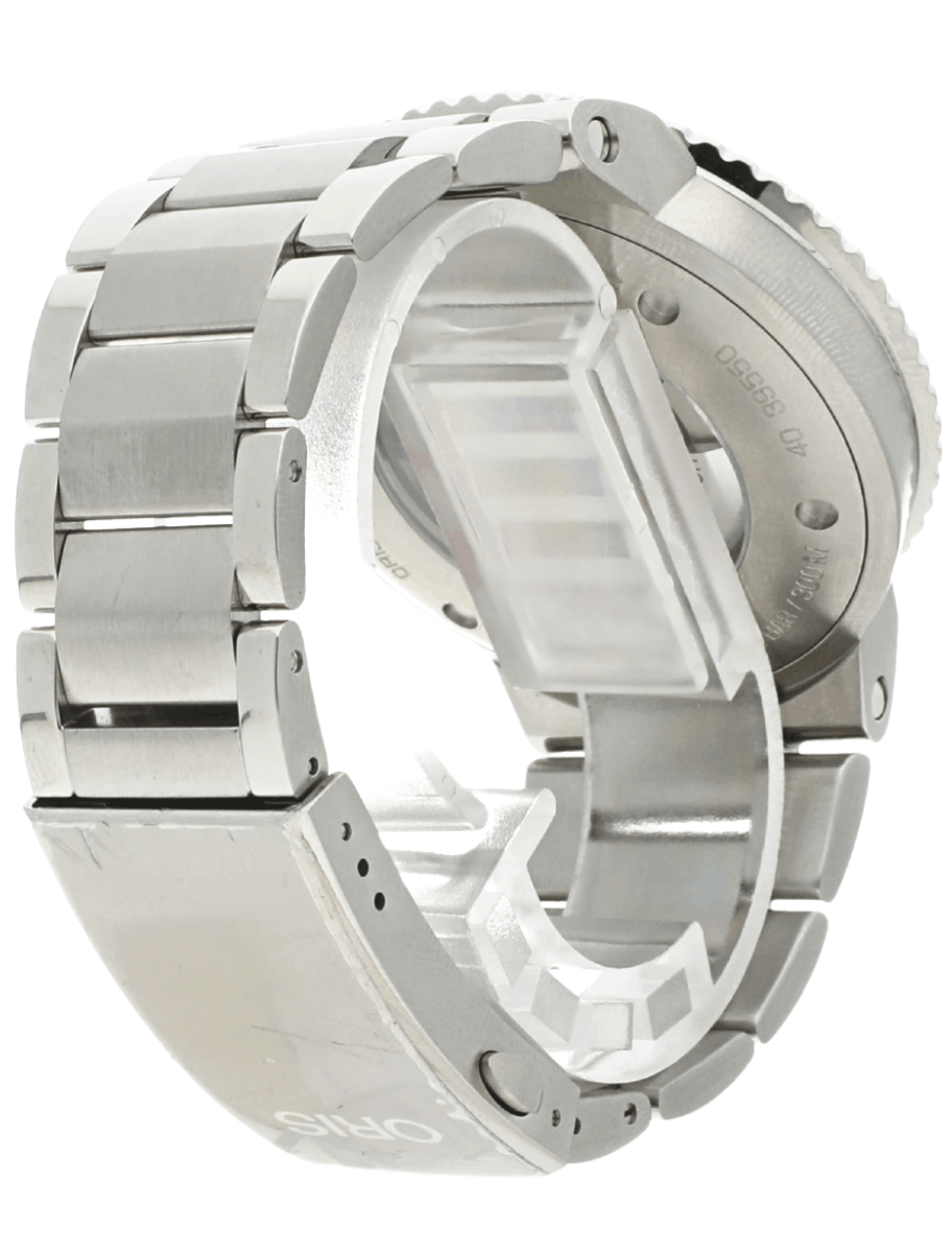 Back right side view of Pre-owned Oris wristwatch with stainless steel case and bracelet, and cherry red dial.