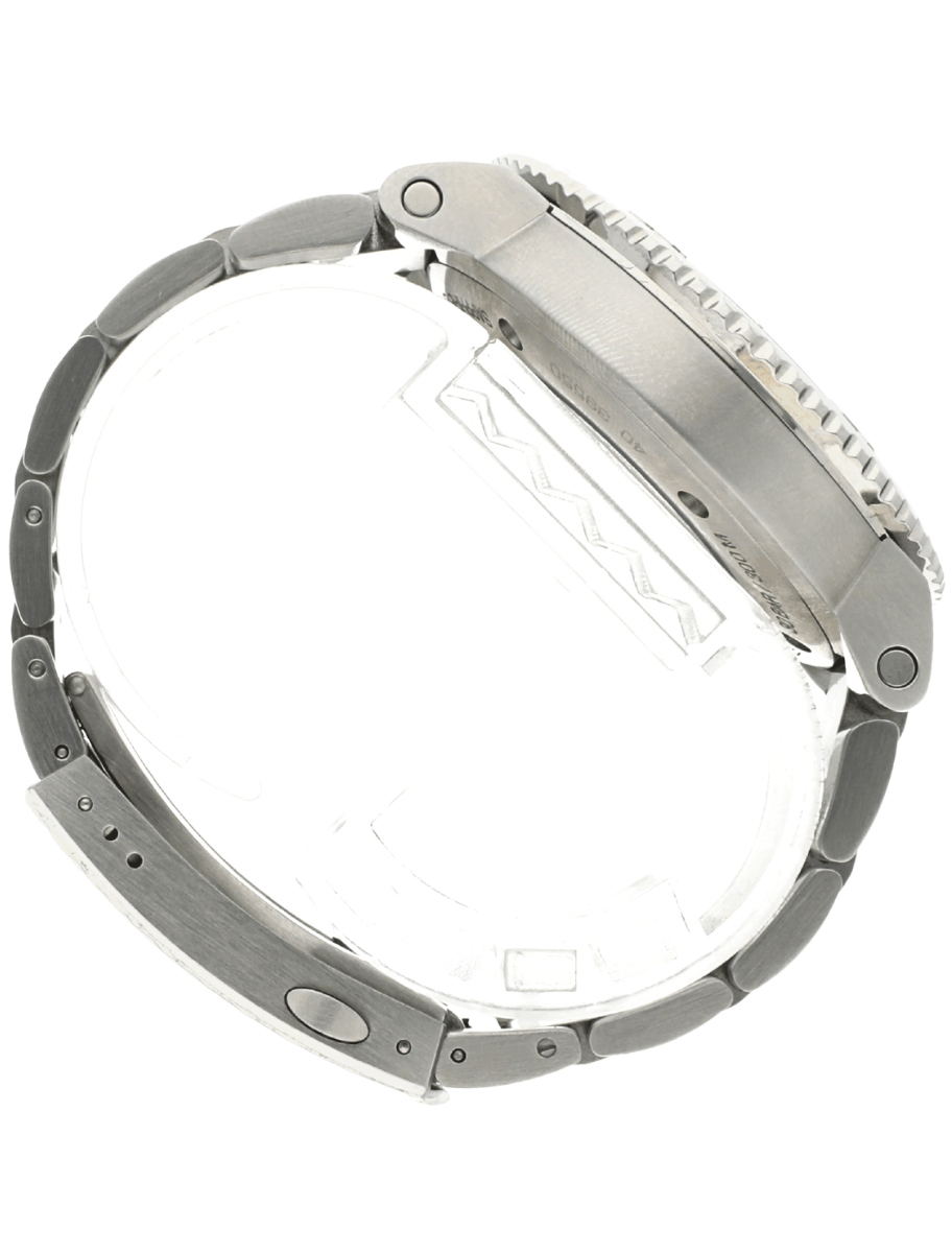 Right side view of Pre-owned Oris wristwatch with stainless steel case and bracelet, and cherry red dial.