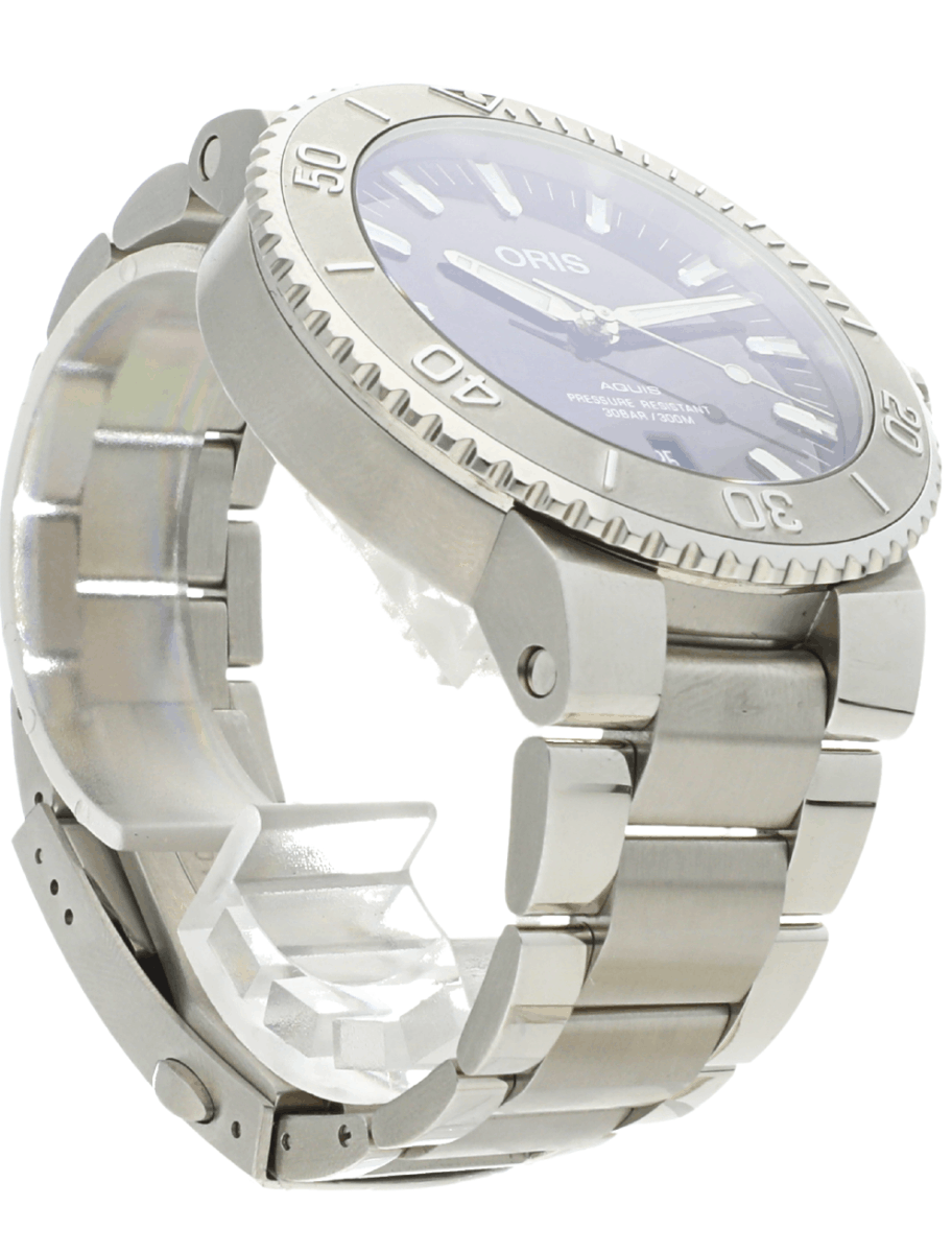 Front right side view of Pre-owned Oris wristwatch with stainless steel case and bracelet, and cherry red dial.