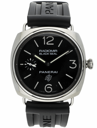 Pre-owned Panerai wristwatch with stainless steel case, black dial, and black rubber strap.