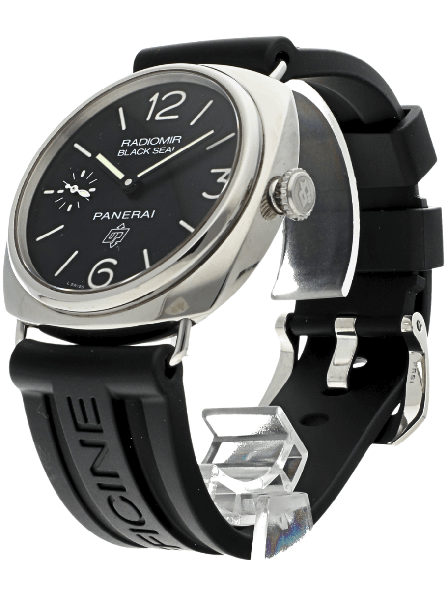 Front left side view of pre-owned Panerai wristwatch with stainless steel case, black dial, and black rubber strap.