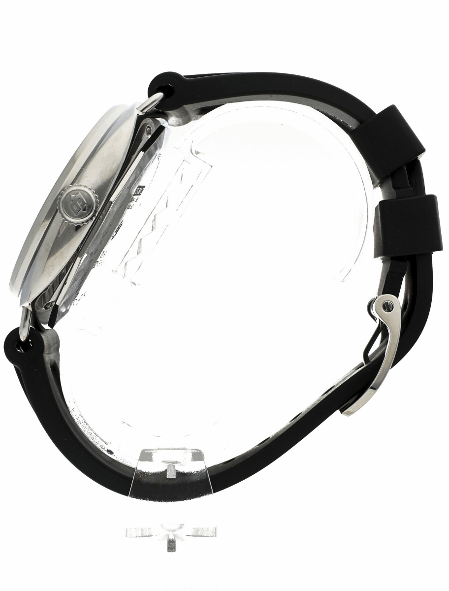 Left side view of pre-owned Panerai wristwatch with stainless steel case, black dial, and black rubber strap.