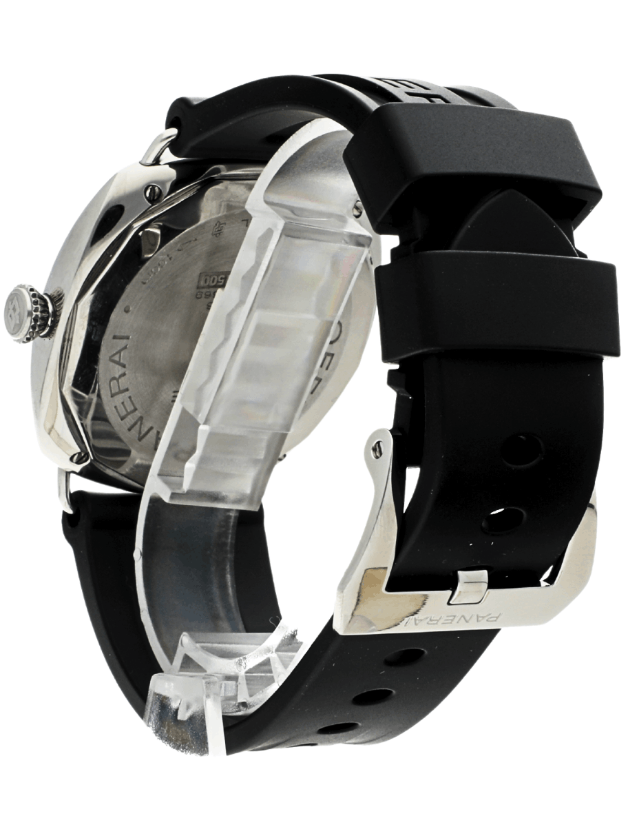 Left back side view of pre-owned Panerai wristwatch with stainless steel case, black dial, and black rubber strap.