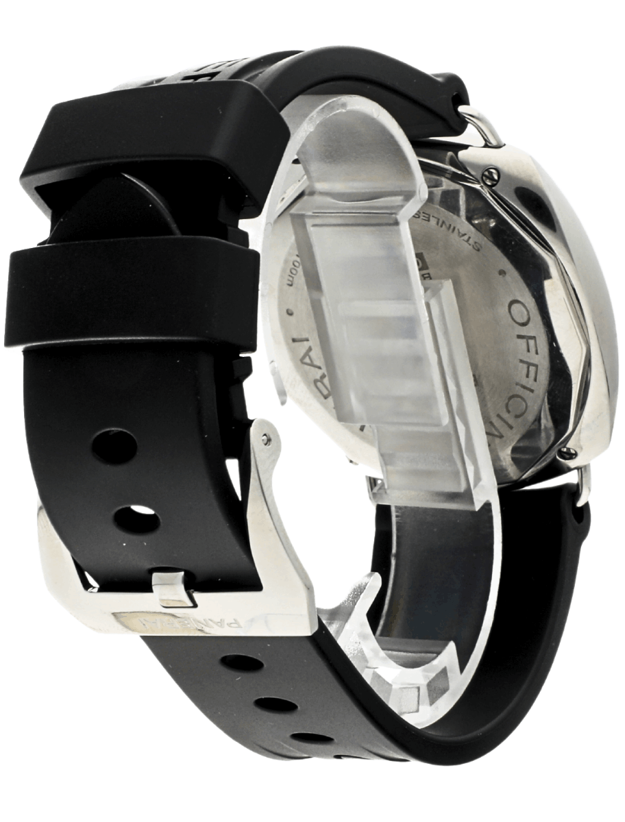 Back right side view of pre-owned Panerai wristwatch with stainless steel case, black dial, and black rubber strap.