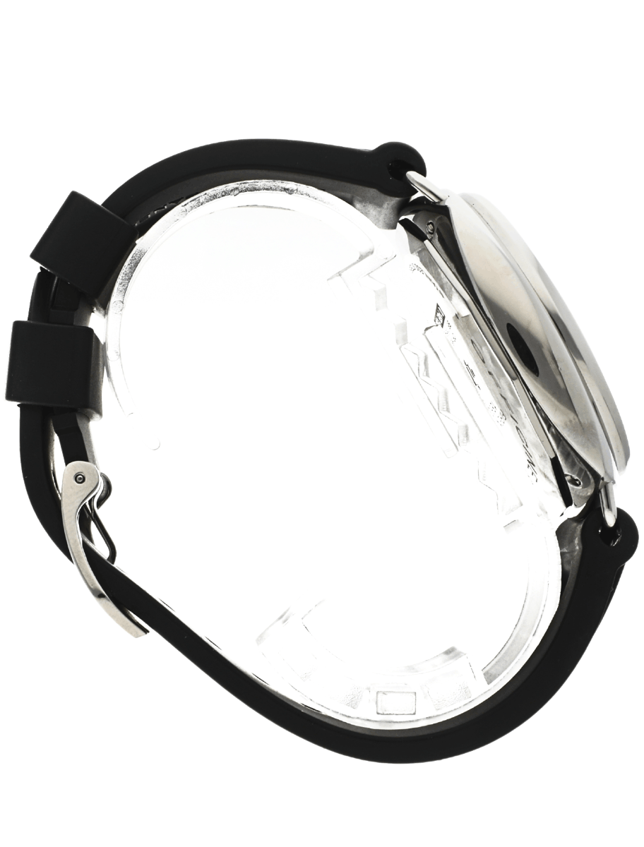 Right side view of pre-owned Panerai wristwatch with stainless steel case, black dial, and black rubber strap.