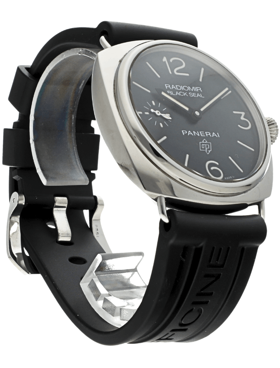 Front right side view of pre-owned Panerai wristwatch with stainless steel case, black dial, and black rubber strap.