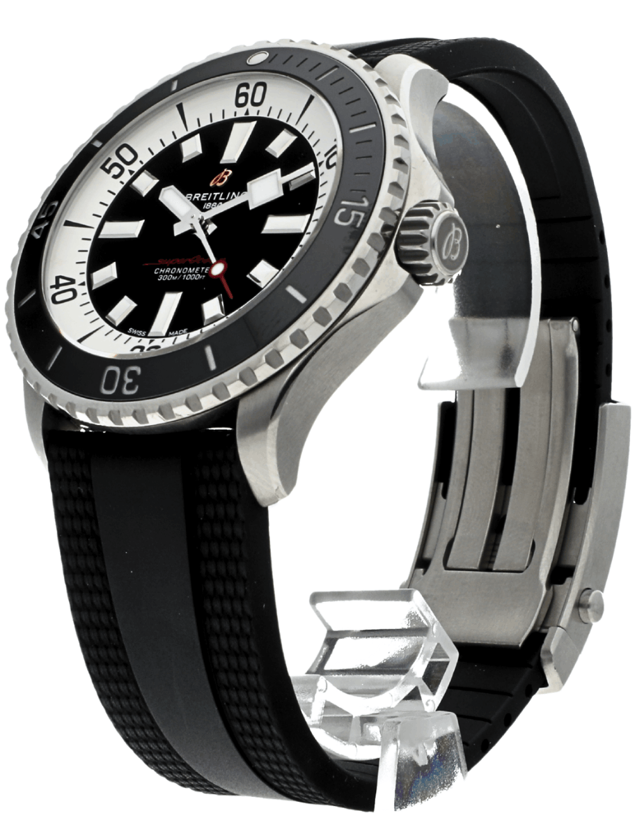 Front left side view of pre-owned Breitling wristwatch with stainless steel case, black rubber strap, and black dial.