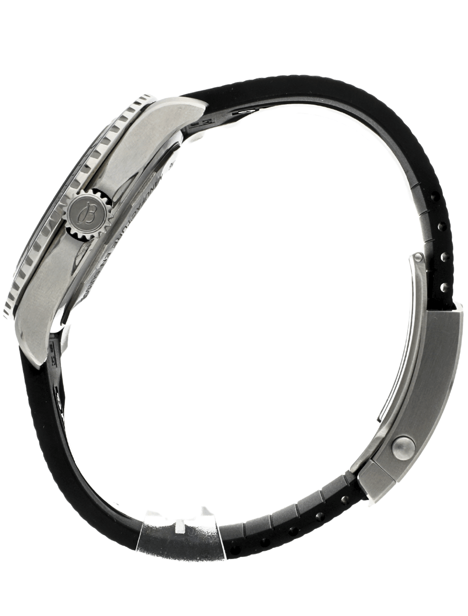 Left side view of pre-owned Breitling wristwatch with stainless steel case, black rubber strap, and black dial.
