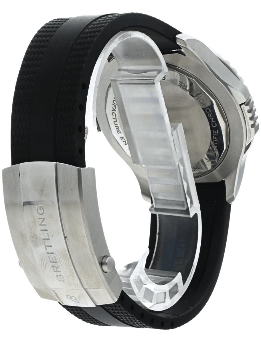 Back right side view of pre-owned Breitling wristwatch with stainless steel case, black rubber strap, and black dial.