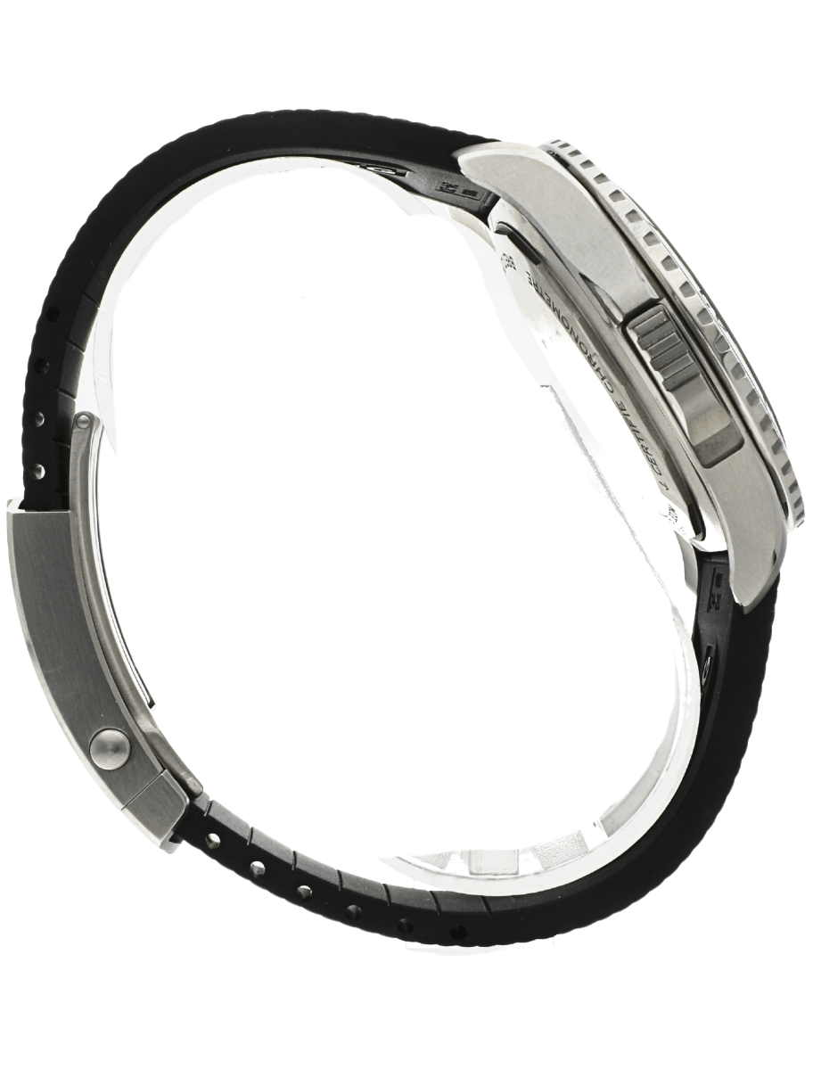 Right side view of pre-owned Breitling wristwatch with stainless steel case, black rubber strap, and black dial.