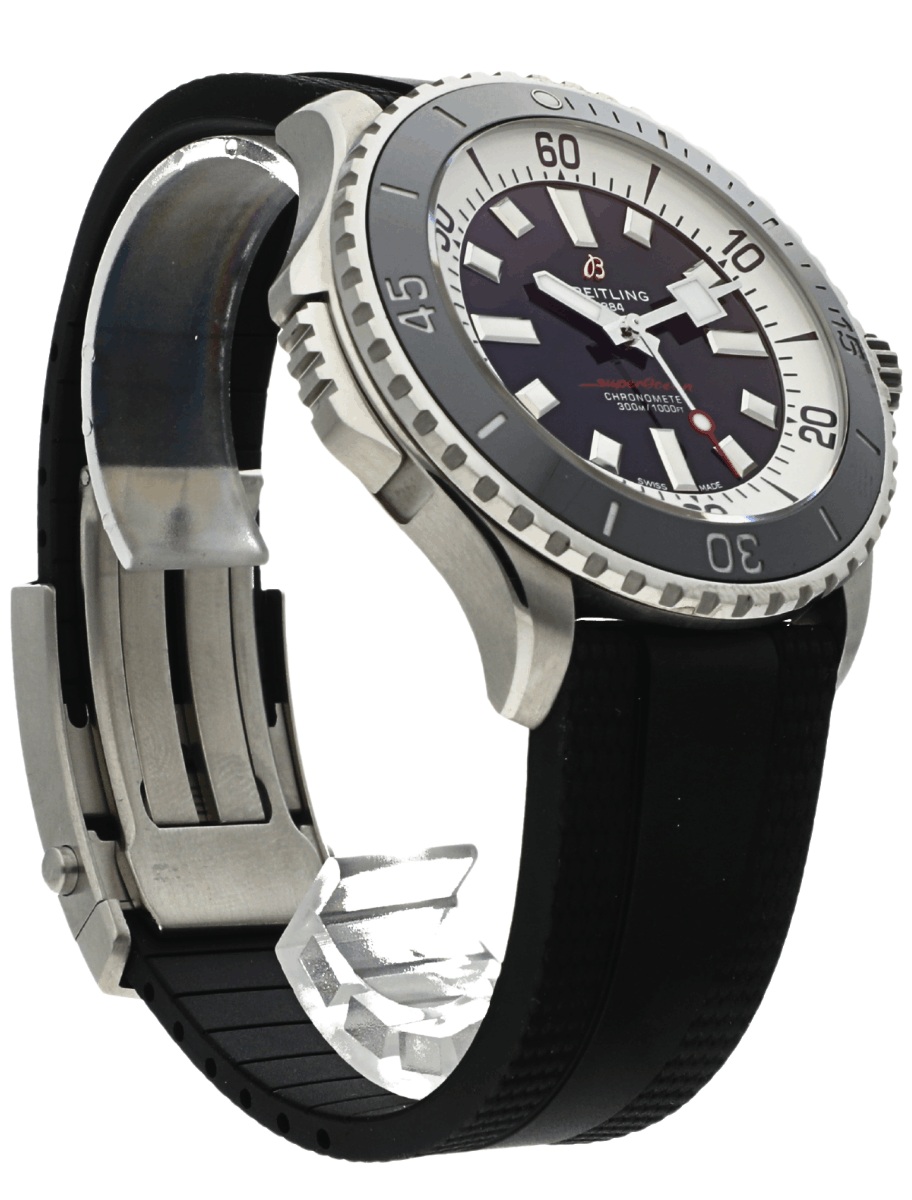 Front right side view of pre-owned Breitling wristwatch with stainless steel case, black rubber strap, and black dial.