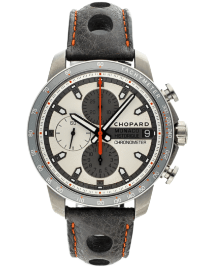 Pre-owned Chopard wristwatch with stainless steel case, white and grey dial, and calf leather strap