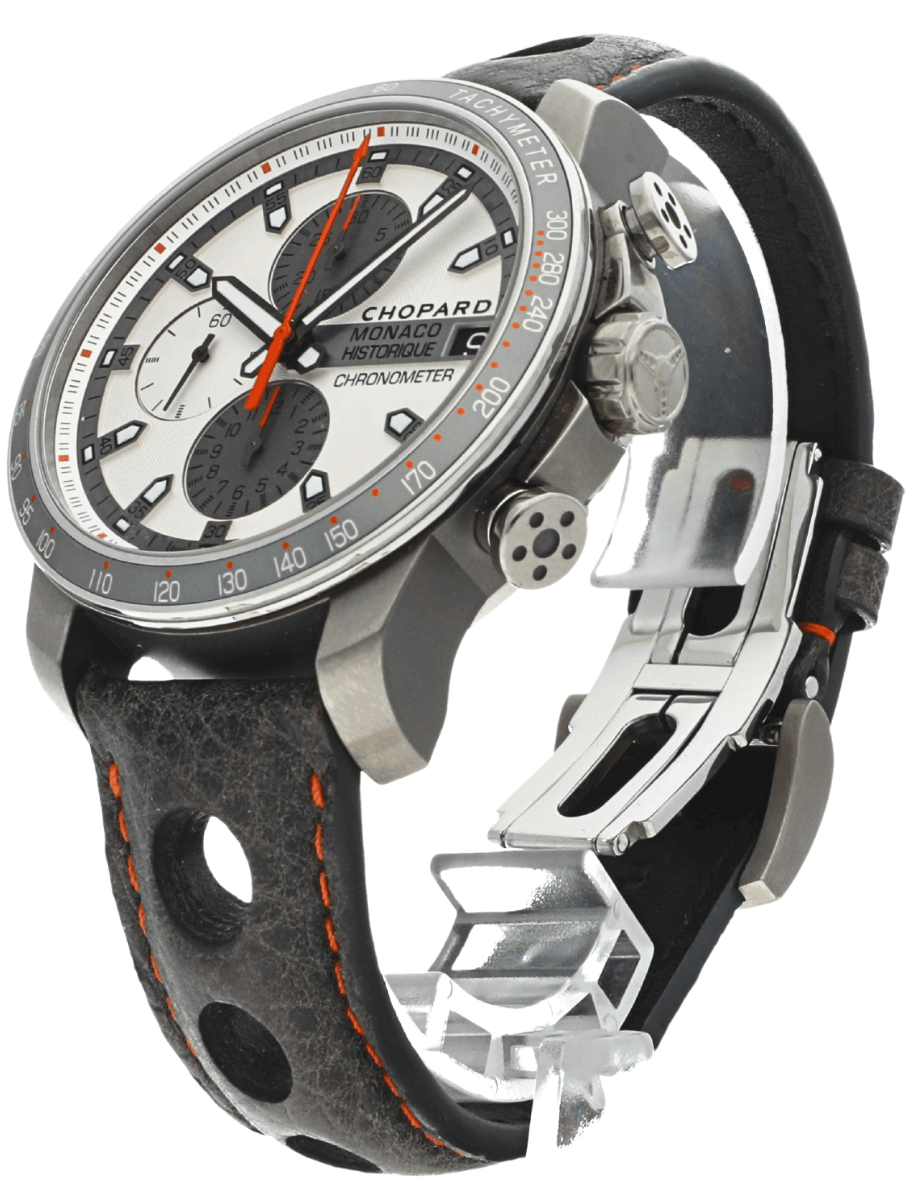 Front left side view of pre-owned Chopard wristwatch with stainless steel case, white and grey dial, and calf leather strap