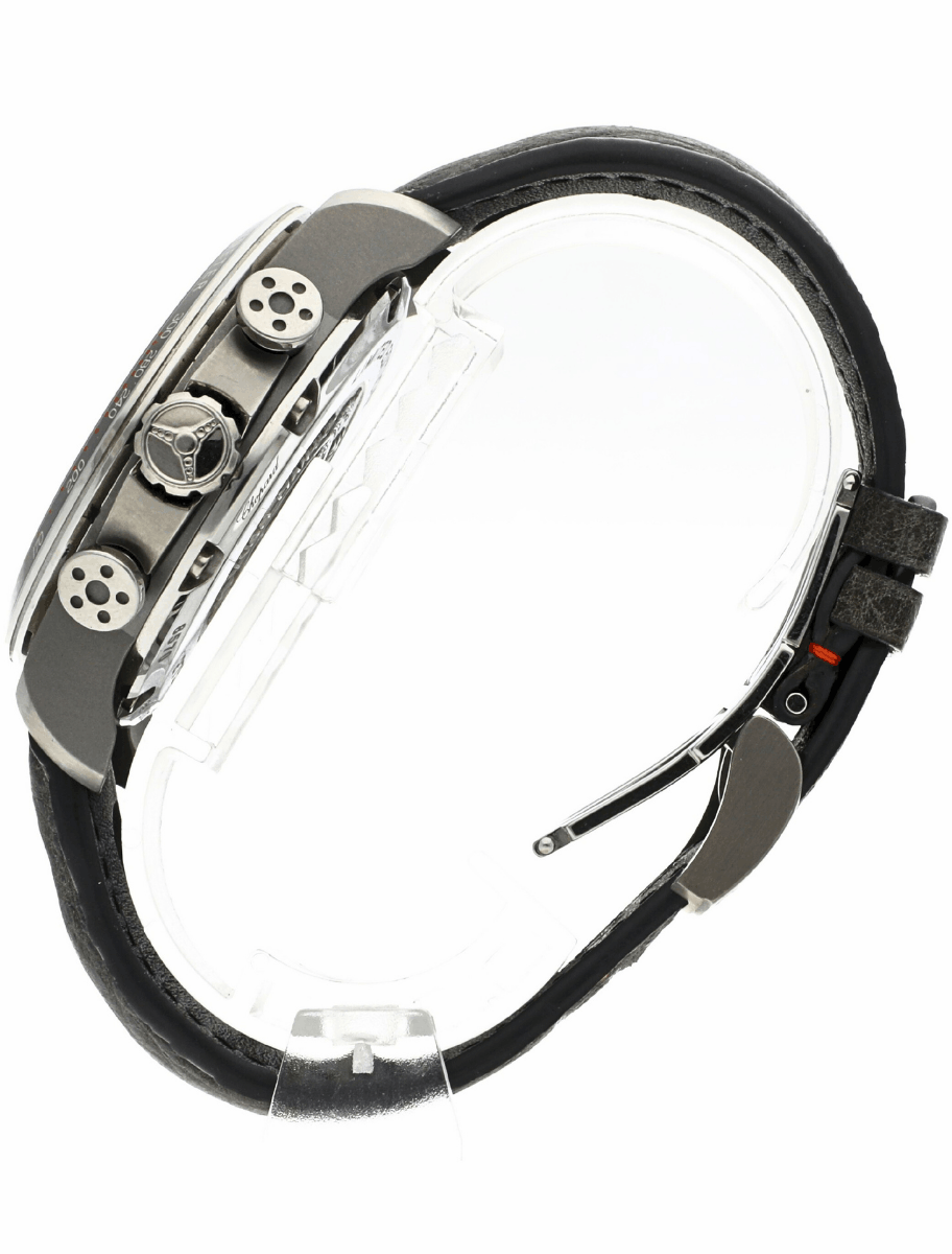 Left side view of pre-owned Chopard wristwatch with stainless steel case, white and grey dial, and calf leather strap