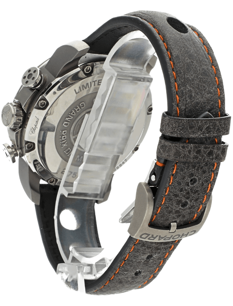 Back left side view of pre-owned Chopard wristwatch with stainless steel case, white and grey dial, and calf leather strap