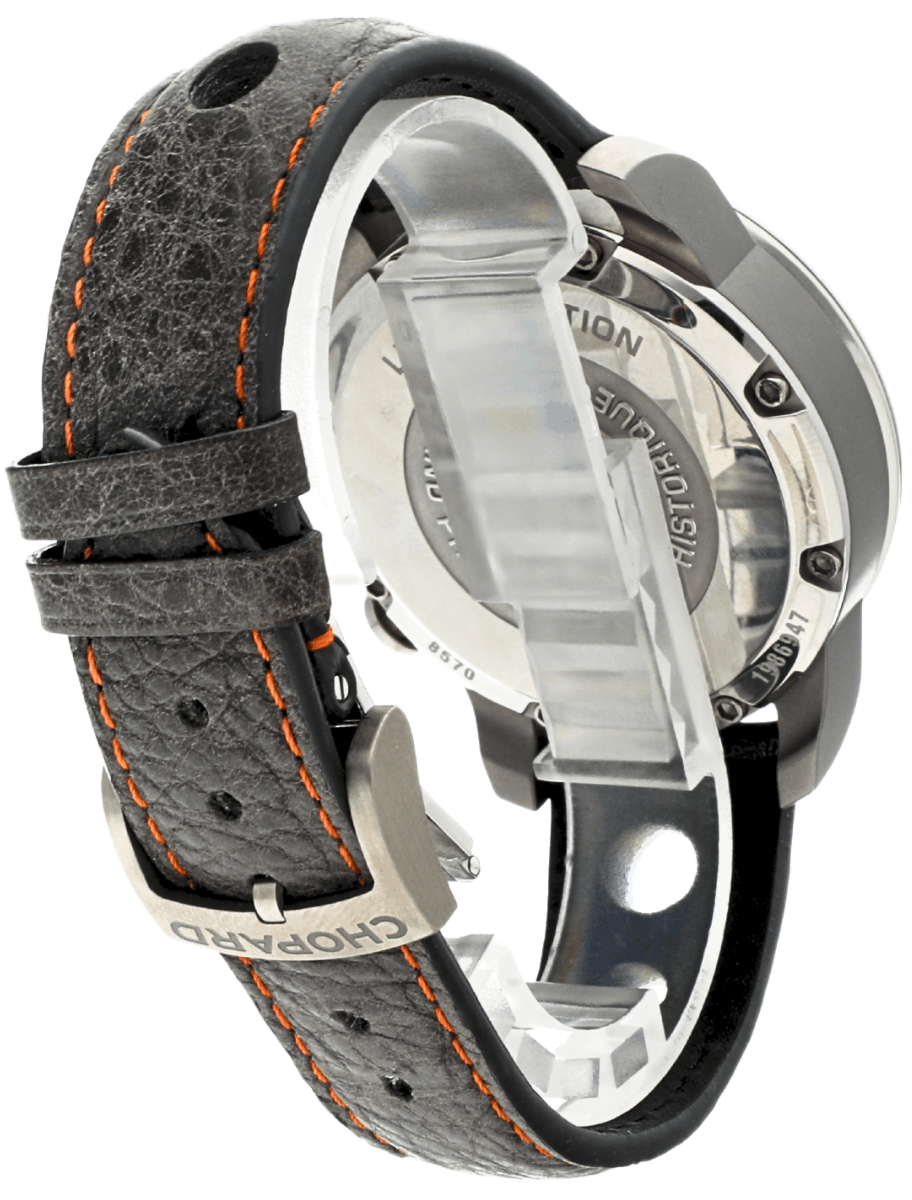 Back right side view of pre-owned Chopard wristwatch with stainless steel case, white and grey dial, and calf leather strap