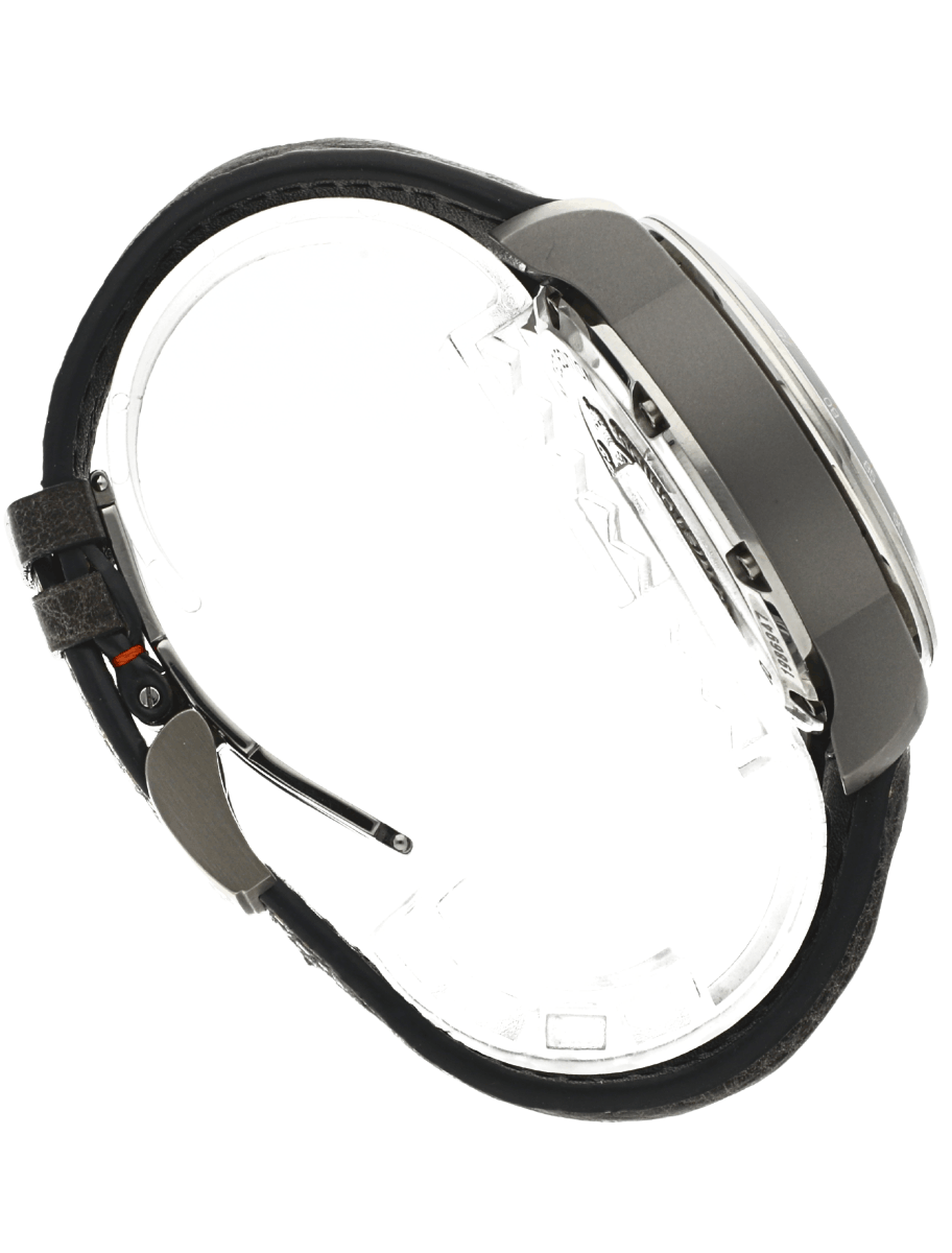 Right side view of pre-owned Chopard wristwatch with stainless steel case, white and grey dial, and calf leather strap