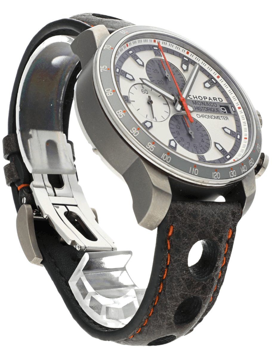 Front right side view of pre-owned Chopard wristwatch with stainless steel case, white and grey dial, and calf leather strap