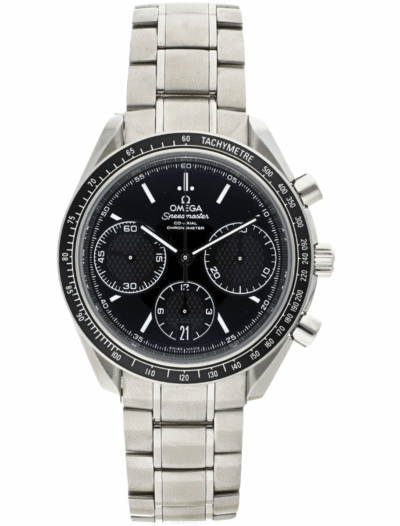 Pre-owned Omega wristwatch with stainless steel case and bracelet, and black dial.