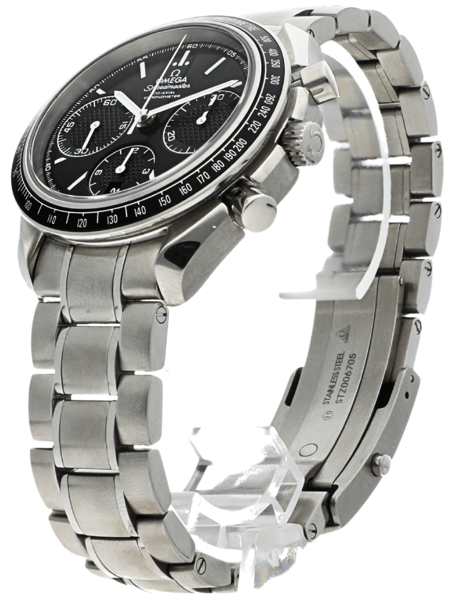 Front left view of Pre-owned Omega wristwatch with stainless steel case and bracelet, and black dial.