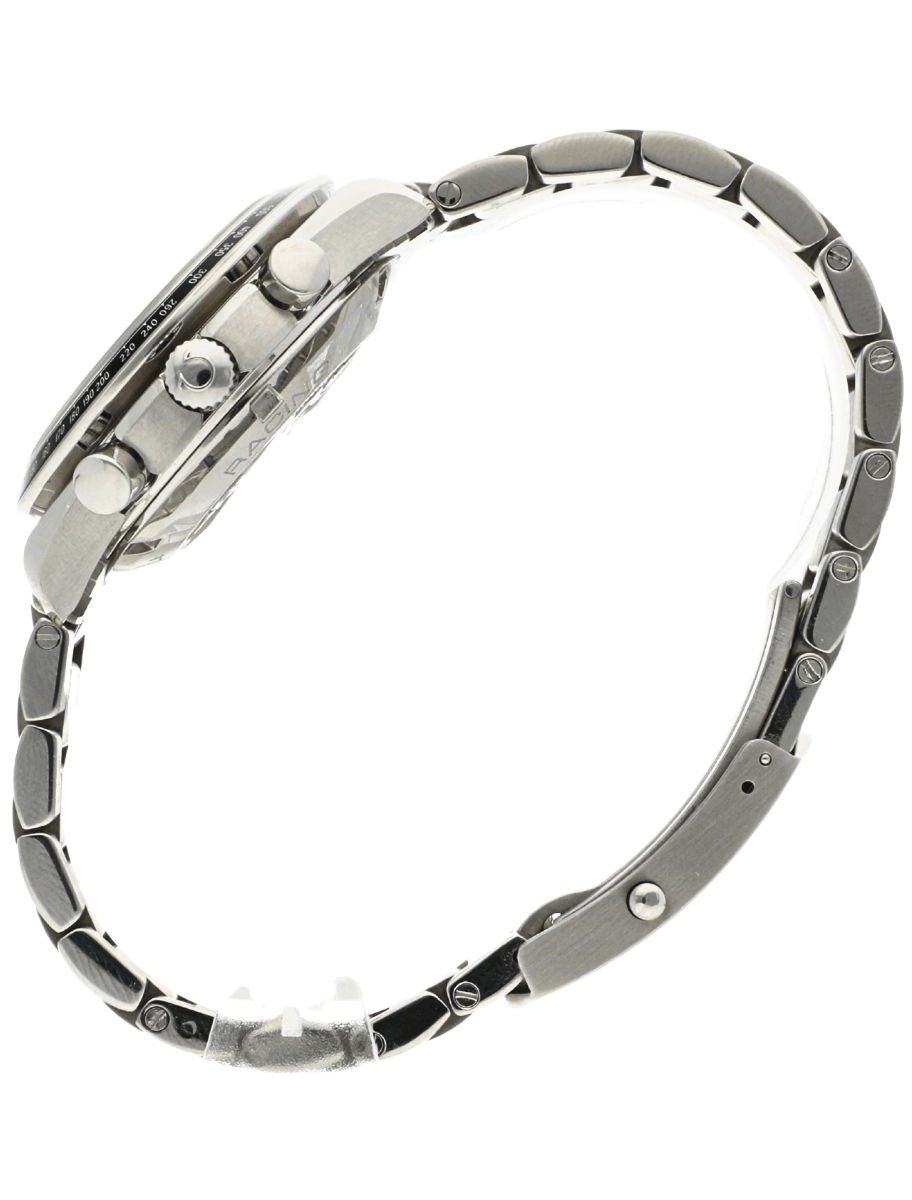 Left view of Pre-owned Omega wristwatch with stainless steel case and bracelet, and black dial.