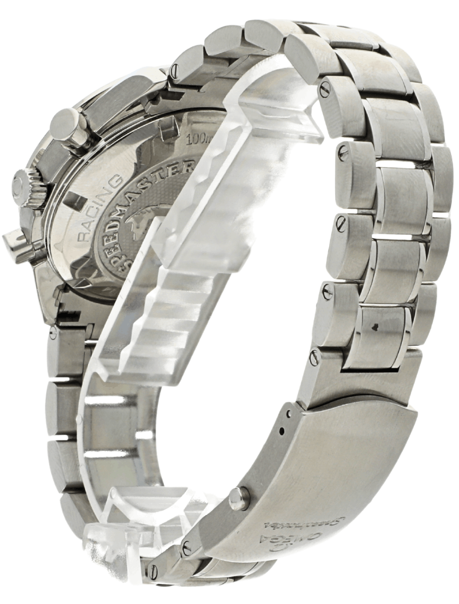 Back left view of Pre-owned Omega wristwatch with stainless steel case and bracelet, and black dial.