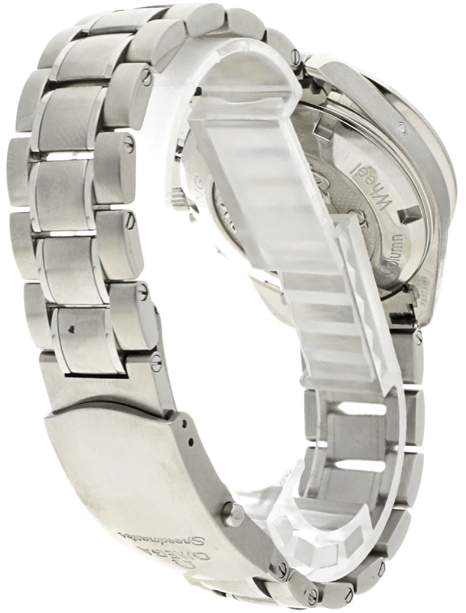 Back right view of Pre-owned Omega wristwatch with stainless steel case and bracelet, and black dial.