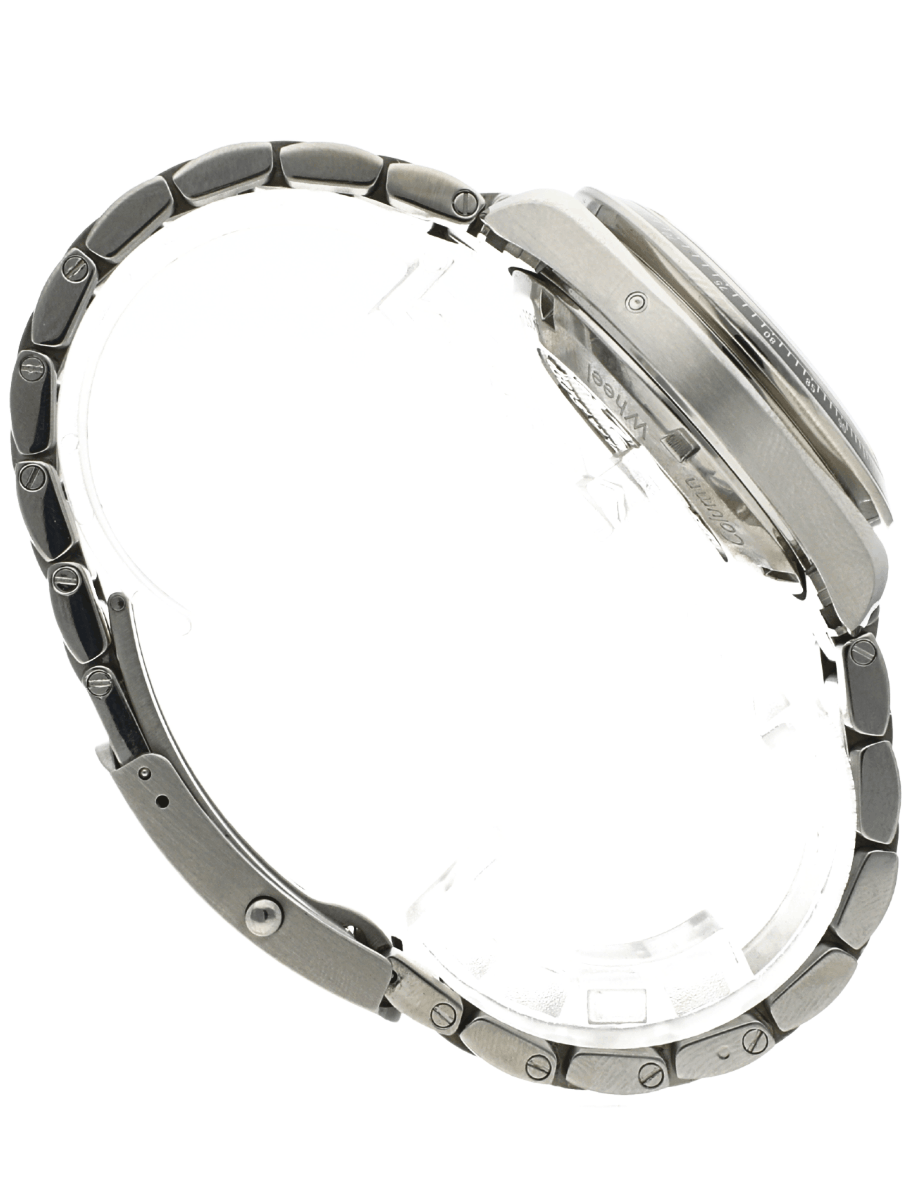 Right view of Pre-owned Omega wristwatch with stainless steel case and bracelet, and black dial.