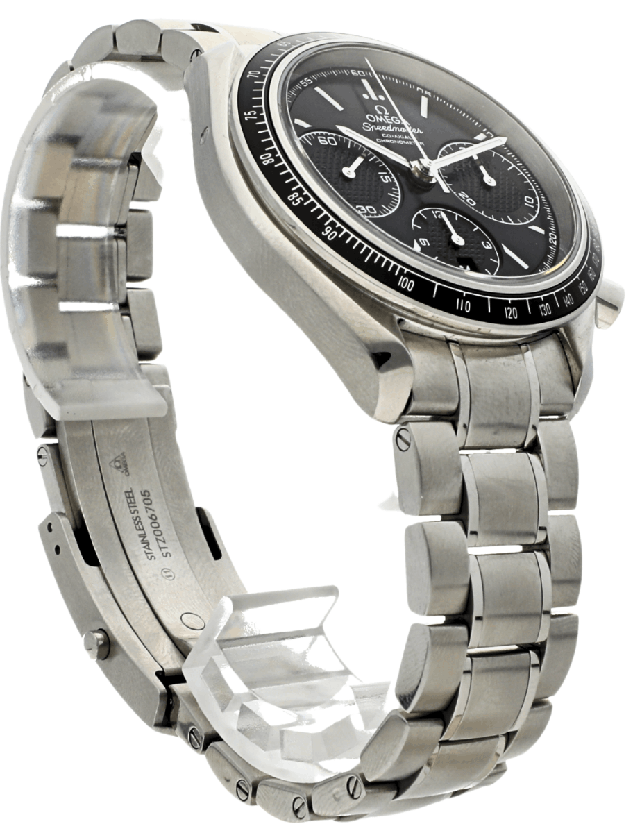 Front right view of Pre-owned Omega wristwatch with stainless steel case and bracelet, and black dial.